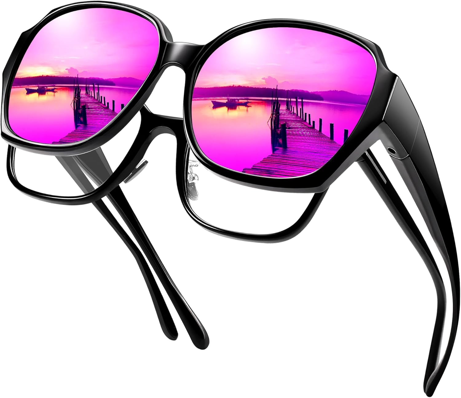 

Поляризованные солнцезащитные очки для женщин, надеваемые поверх обычных очков, увеличенного размера, защита от УФ-излучения UV400 Paukis, K06 Glossy Black/Purple Mirrored