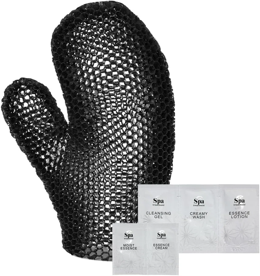 Мочалка для ванны Stimulite Honeycomb Bath Mitt Black Set, бренд Spa Treatment, в комплекте с образцом косметики