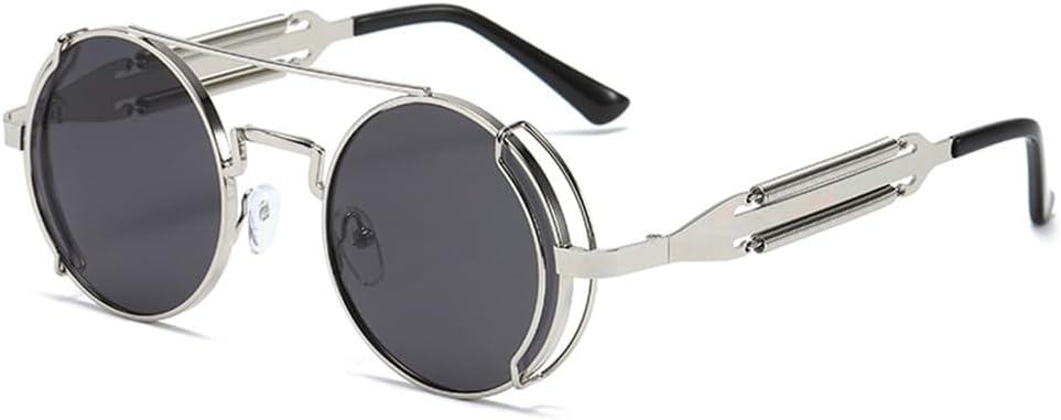 

Солнцезащитные очки в стиле стимпанк, ретро, ​​мужские круглые очки в стиле панк, готические очки, женские солнцезащитные очки с защитой от УФ-излучения UV400 LOVQZAOF, Silver Gray