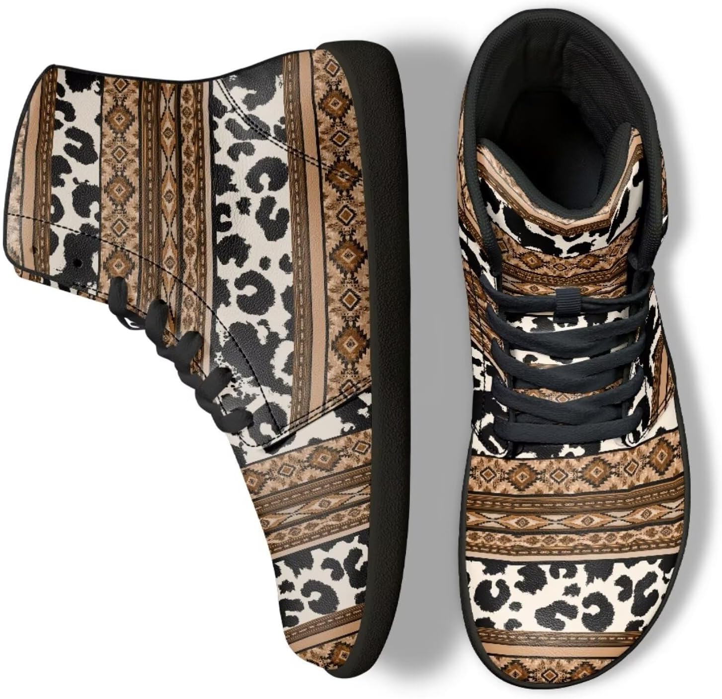 

Кроссовки Binienty High Top Barefoot для женщин и мужчин, модные с нулевым перепадом, водонепроницаемые походные ботинки из ПУ-кожи, Aztec Cow Print