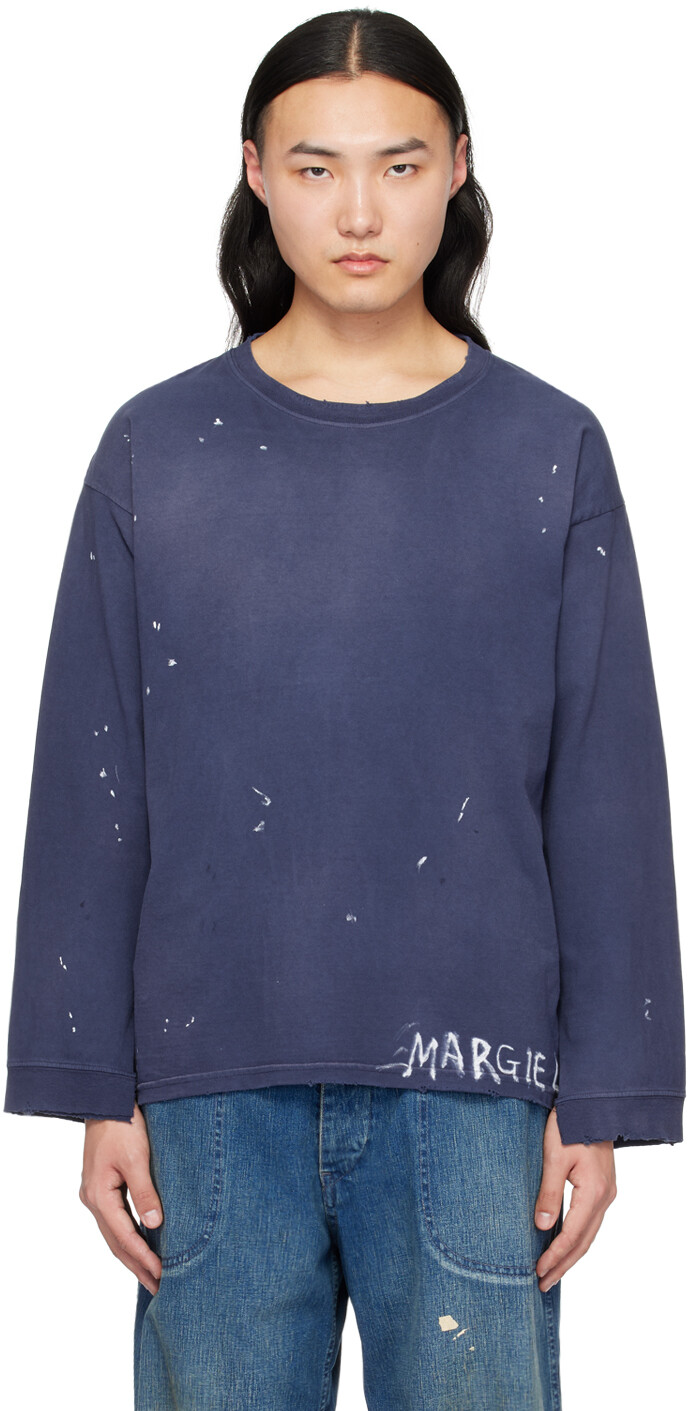 

Футболка с длинным рукавом цвета индиго, написанная от руки Maison Margiela