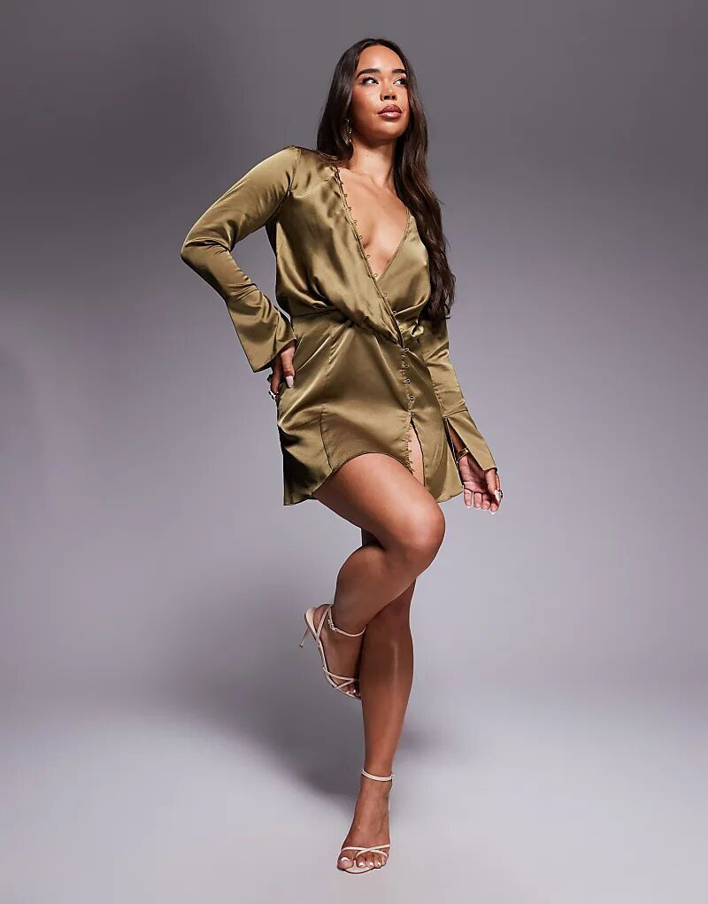

Мини-платье ASOS DESIGN из атласа с косым кроем и драпировкой, с пуговицами, оливкового цвета