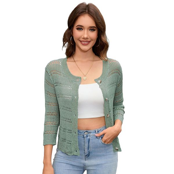

Женский кардиган с рукавом 3/4, вязаный крючком, с пуговицами и ажурной вязкой Seoria, Green