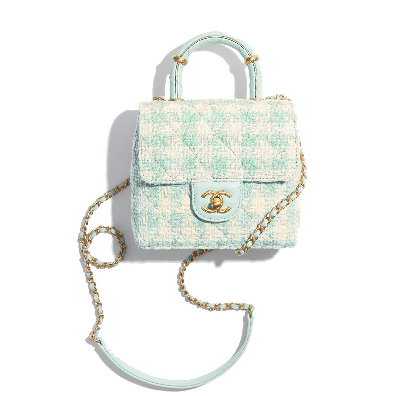 

CHANEL Сумка с клапаном из твида и овчины, сумка через плечо, мини-сумка женская, светло-голубая