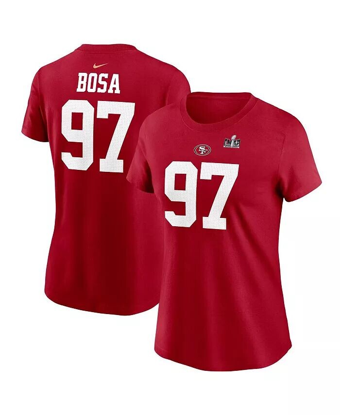 

Женская футболка Nick Bosa Scarlet San Francisco 49ers Super Bowl LVIII с нашивкой на шевроне и номером игрока Nike