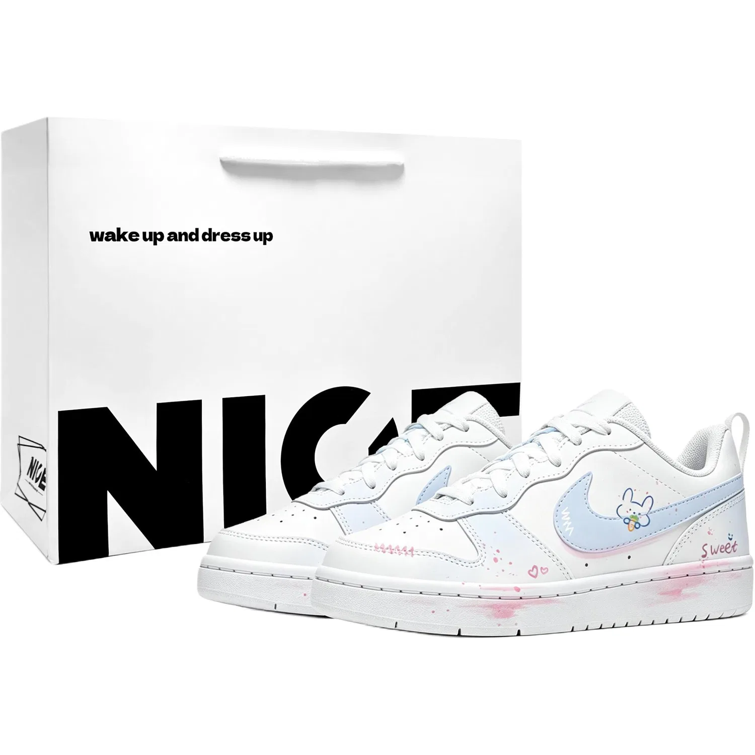 Кроссовки детские для скейтбординга Nike Court Borough Low Mist Rabbit сине-бело-розовые