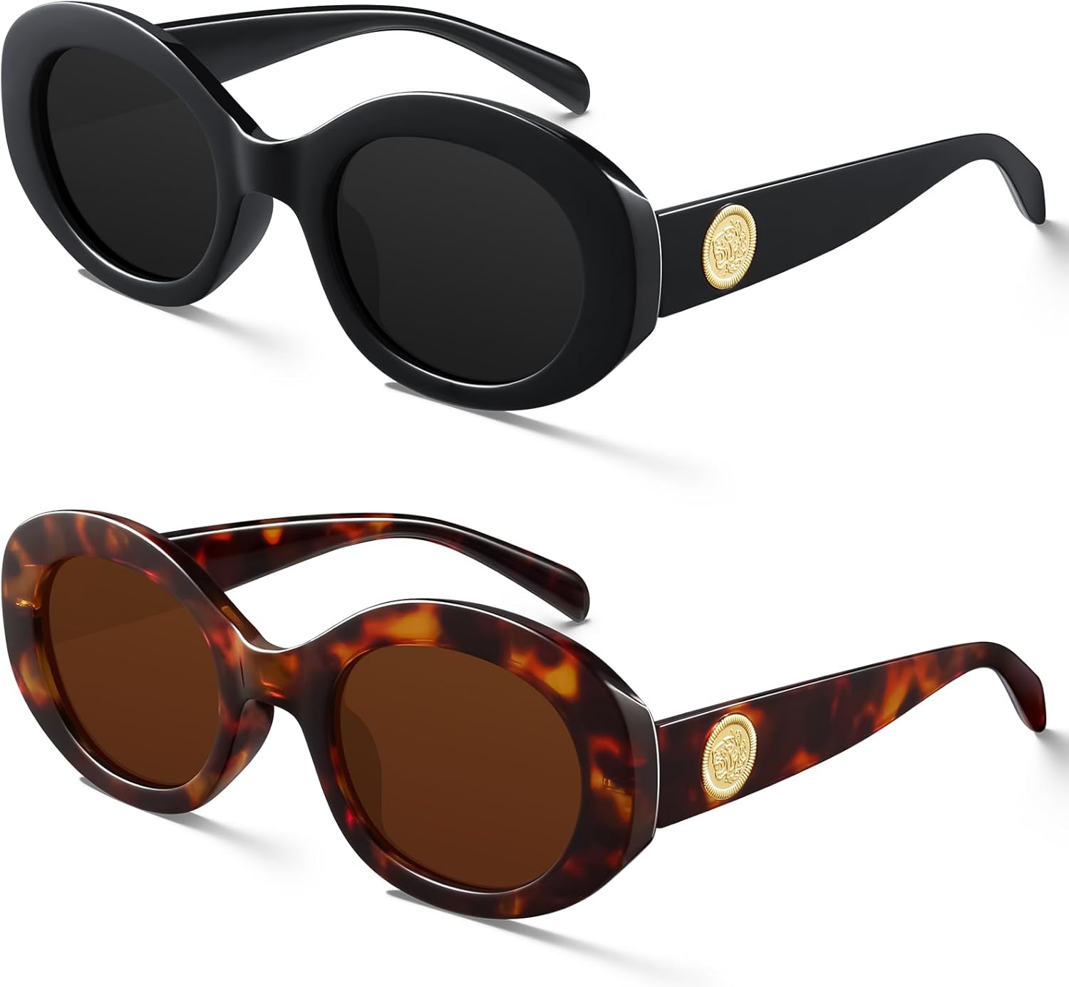 

Солнцезащитные очки KUGUAOK в стиле ретро, ​​овальные, для женщин, круглые, модные, в стиле 90-х, модные солнцезащитные очки с массивной толстой оправой и защитой от УФ-излучения, 2pcs-black+leopard