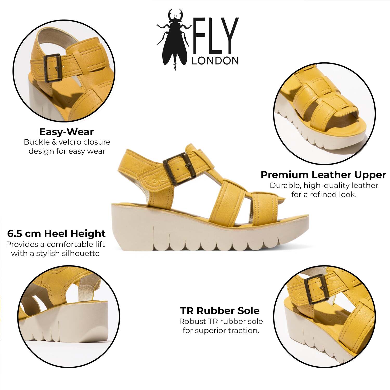 Женские сандалии Fly London YUDD236FLY Bumblebee Yellow на платформе с клиньями из кожи и эспадрильями — фото 2