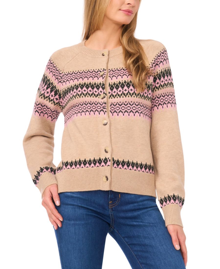 

Женский кардиган с круглым вырезом и длинными рукавами в стиле Fair Isle CeCe, Biscuit Heather