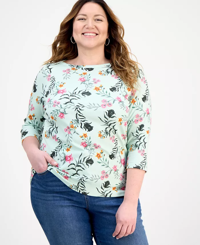 

Женский трикотажный топ с принтом и рукавом 3/4, Plus Size Style & Co, мультиколор
