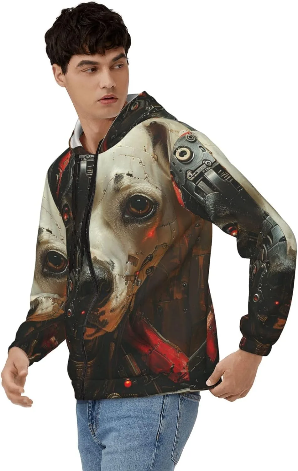 Мужская толстовка с капюшоном на молнии - Dog Half Robot Face Cool — фото 2