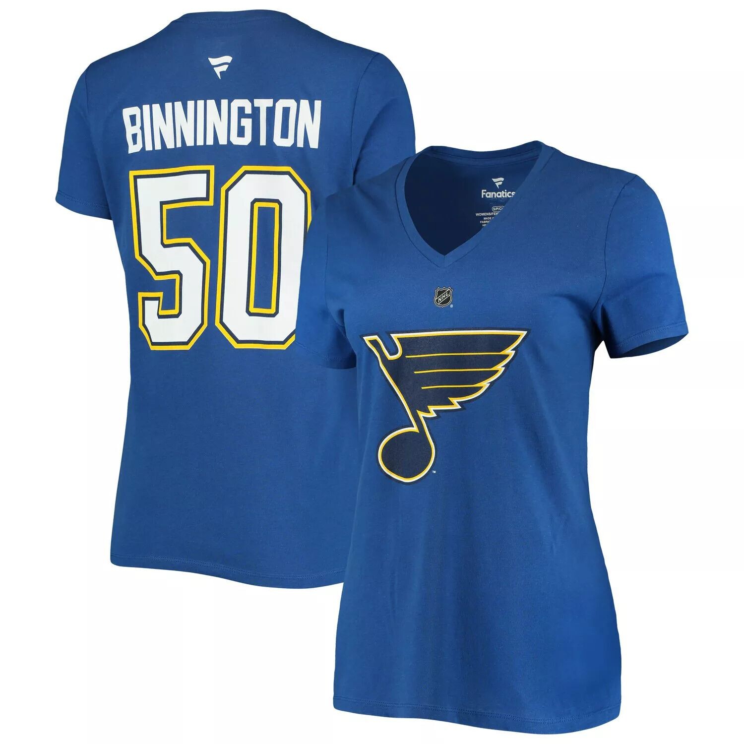 

Женская футболка с v-образным вырезом и фирменным логотипом Jordan Binnington St. Louis Blues Team Fanatics, название и номер Fanatics