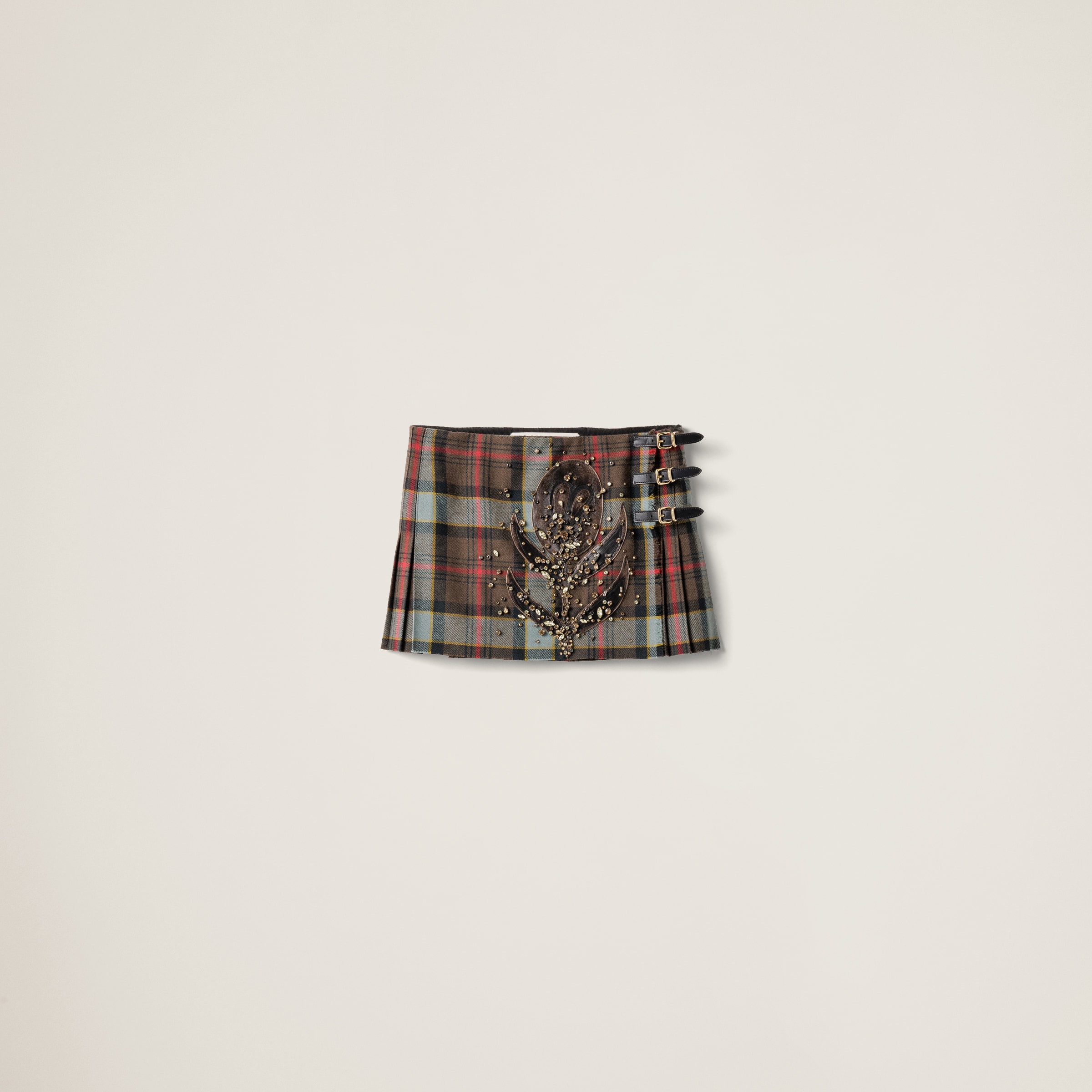 

Клетчатая мини-юбка с вышивкой MIU MIU, милитари/вишневый