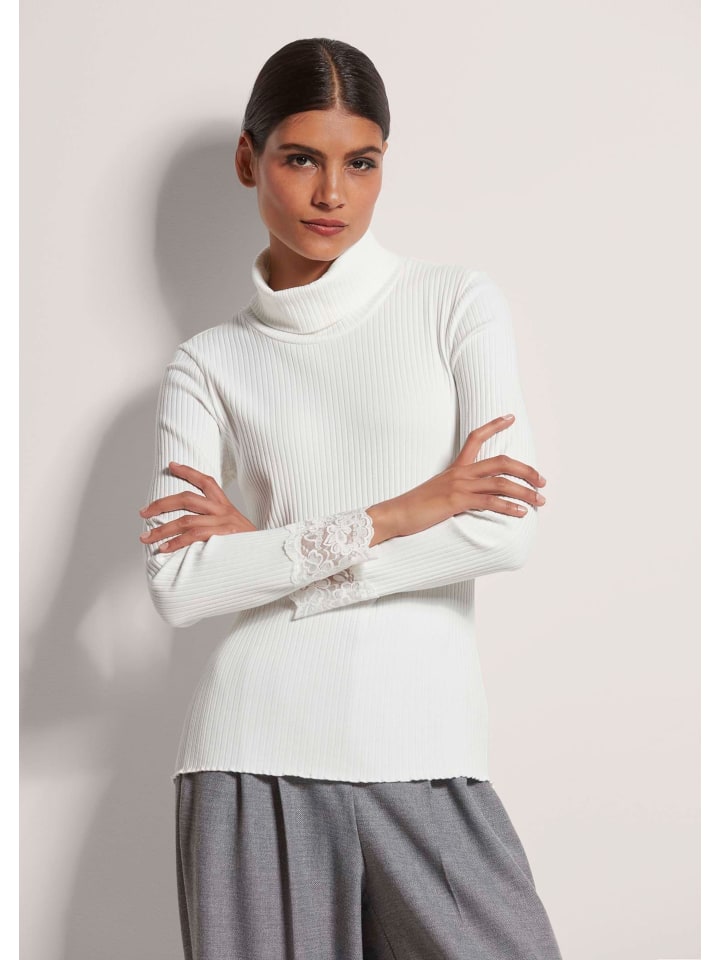 

MADELEINE Элегантная базовая футболка с кружевом и водолазкой, кремового цвета, Бежевый, MADELEINE Элегантная базовая футболка с кружевом и водолазкой, кремового цвета