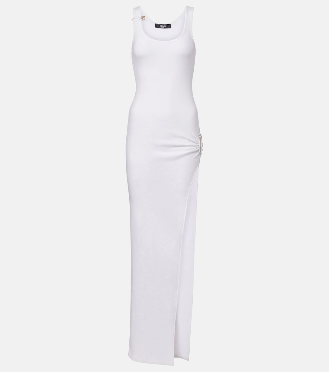 

Макси-платье из хлопковой смеси с драпировкой и булавкой Versace, Optical White