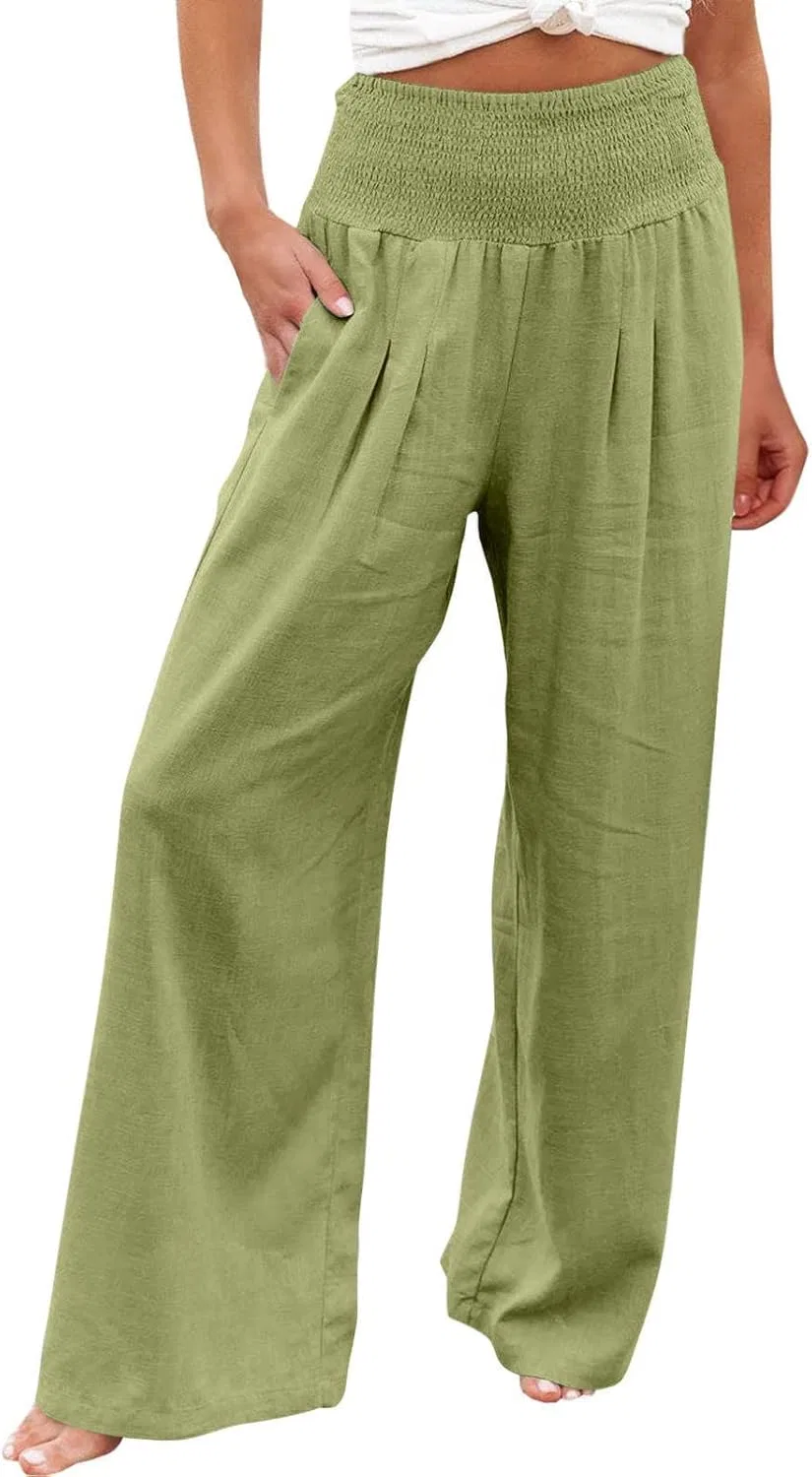 Женские широкие брюки палаццо, Cotton Linen, с карманами, A02_mint Green