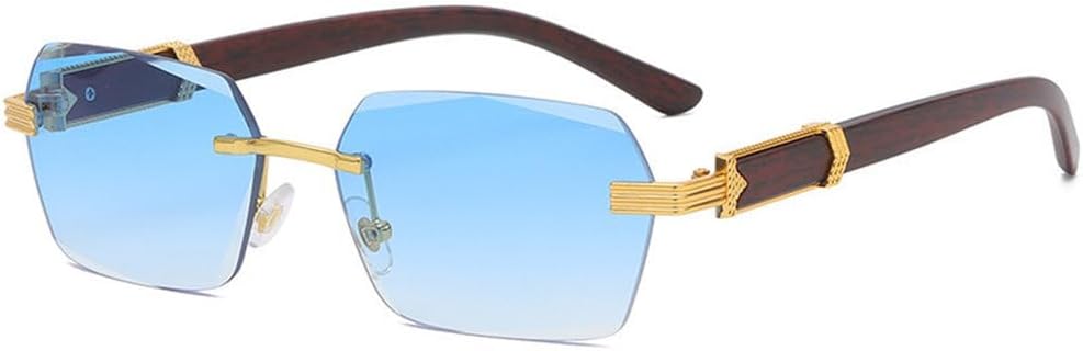 

Стильные солнцезащитные очки без оправы с дужками под дерево для мужчин и женщин. Солнцезащитные очки для путешествий на открытом воздухе и уличного стиля с защитой от УФ-излучения PRSTNN, Gold Blue