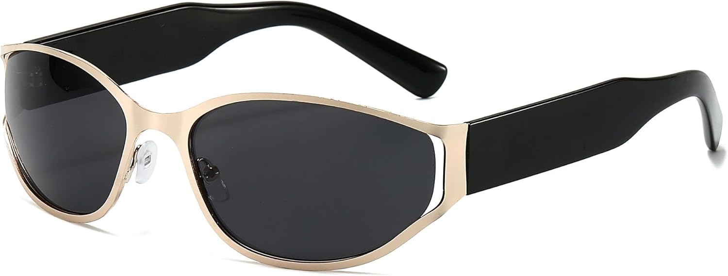 

Модные солнцезащитные очки 2000-х годов для мужчин и женщин, стильные солнцезащитные очки в стиле Y2K, обтекаемые, с футуристическими овальными линзами Azoxus, Black Lens Gold Rim