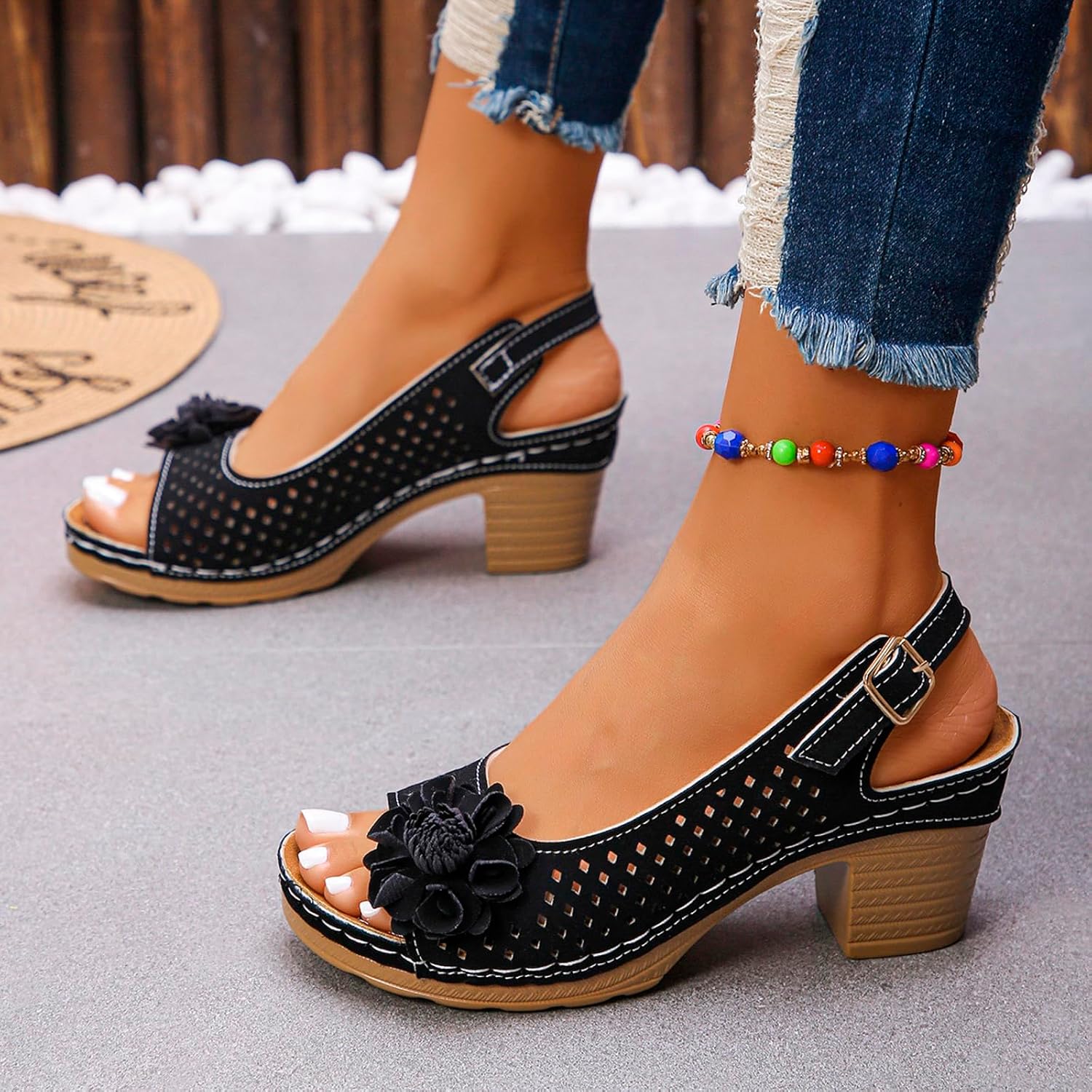 Женские сандалии на клине ZWRXW Sandaly с полостью на носок Peep Toe Plumlow Slingback Slingback Сандалии с клином Bohemian Chic Flowers Нарядные летние сандалии с открытым носком и ремешками, черный — фото 2