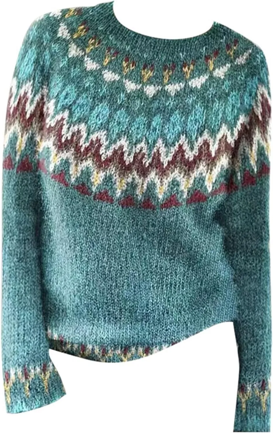 Женский свитер в стиле Fair Isle с круглым вырезом, вязаный, свободного кроя, уютный, комфортный, в винтажном стиле, теплый пуловер для осени и зимы — фото 3