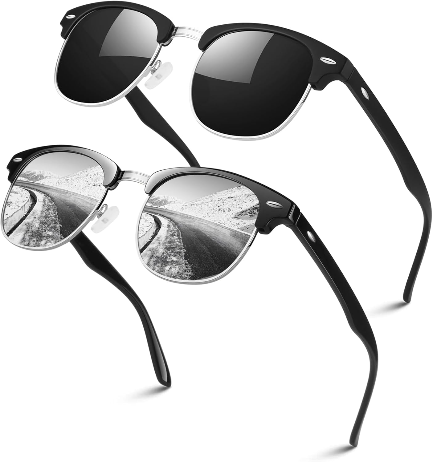 

Поляризованные солнцезащитные очки LINVO в полуободковой оправе для мужчин и женщин, классические ретро-очки в полуободковой оправе для вождения с защитой от УФ-излучения, B Matte Black Silver Rim / Glossy Black Silver