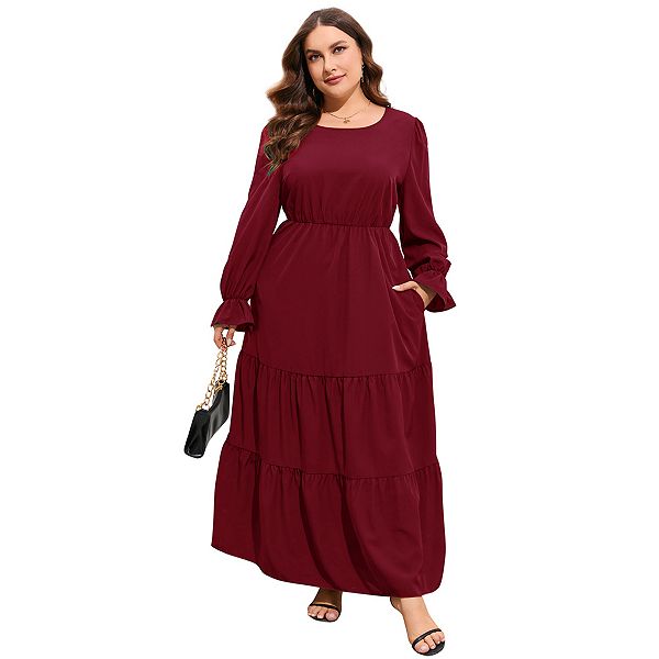 

Женское платье макси с длинным рукавом, круглым вырезом и карманами Clearflower, Wine Red