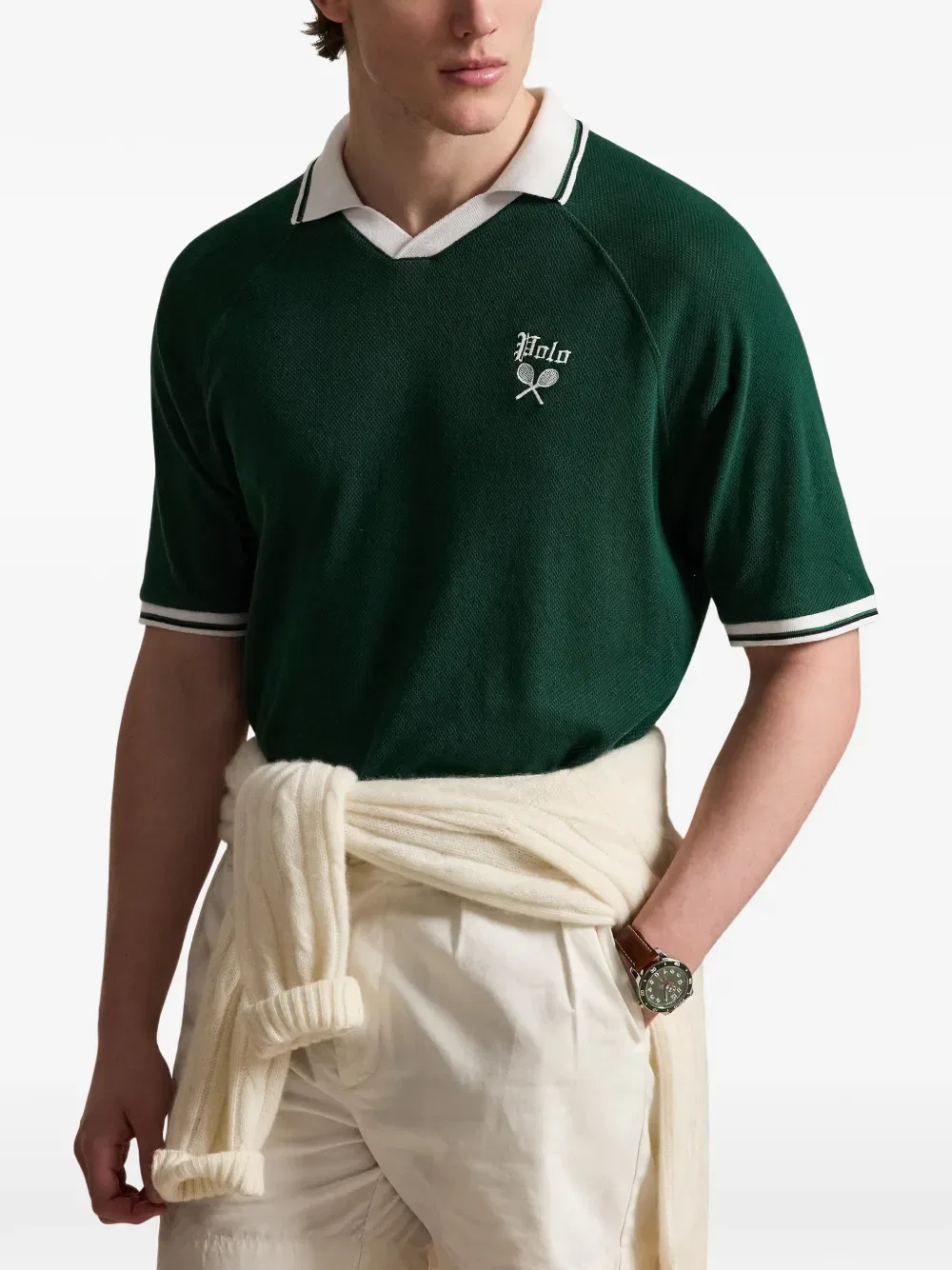 Футболка с вышитым логотипом и воротником-стойкой Polo Ralph Lauren, зеленый — фото 3