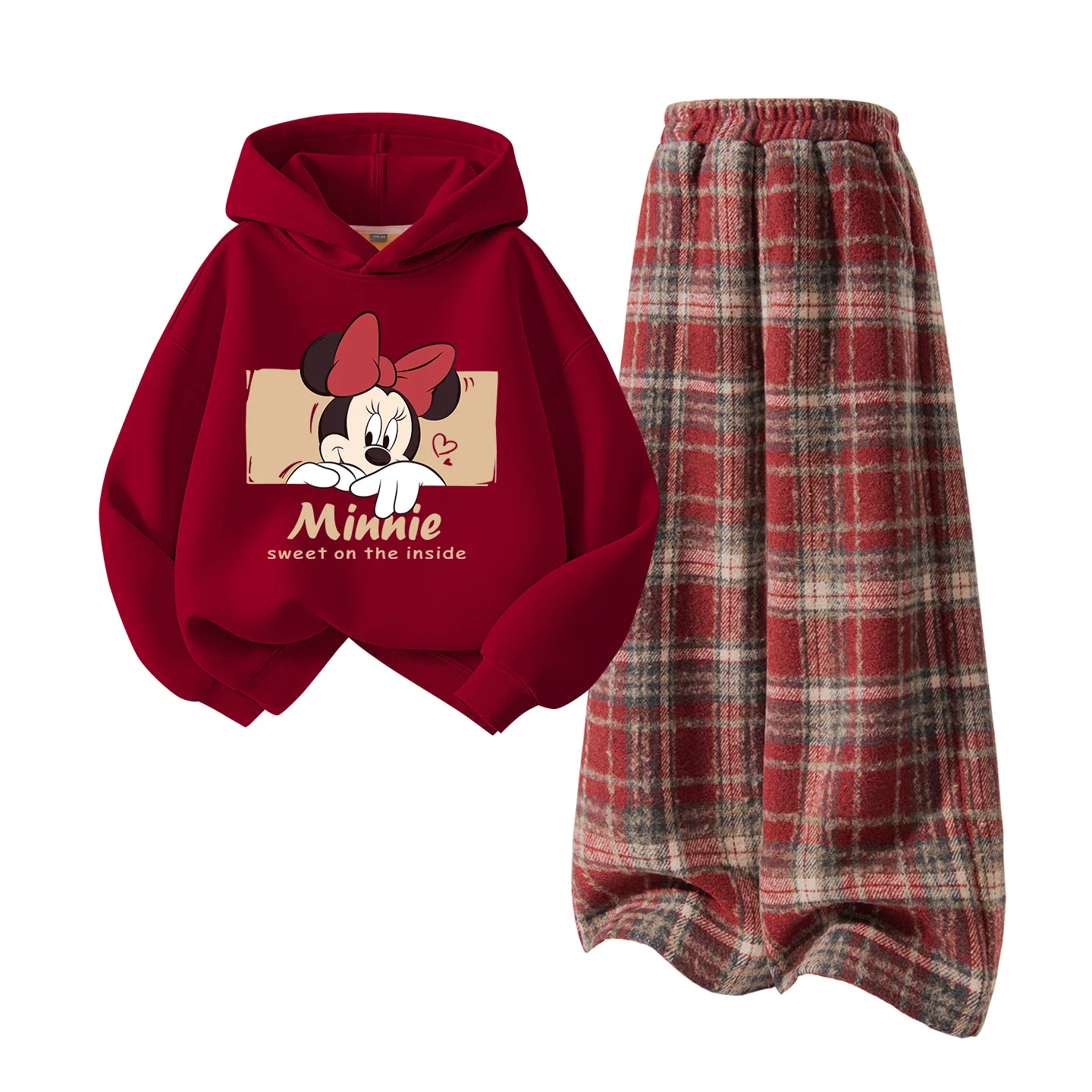 Детская повседневная худи с капюшоном Disney, [Thickened and Fleece-Lined]Di-Duo Burgundy+Solid Color Red Plaid
