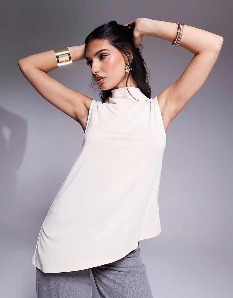 

ASOS DESIGN плавающий, приталенный на шее, удлиненный топ из купро в каменном цвете