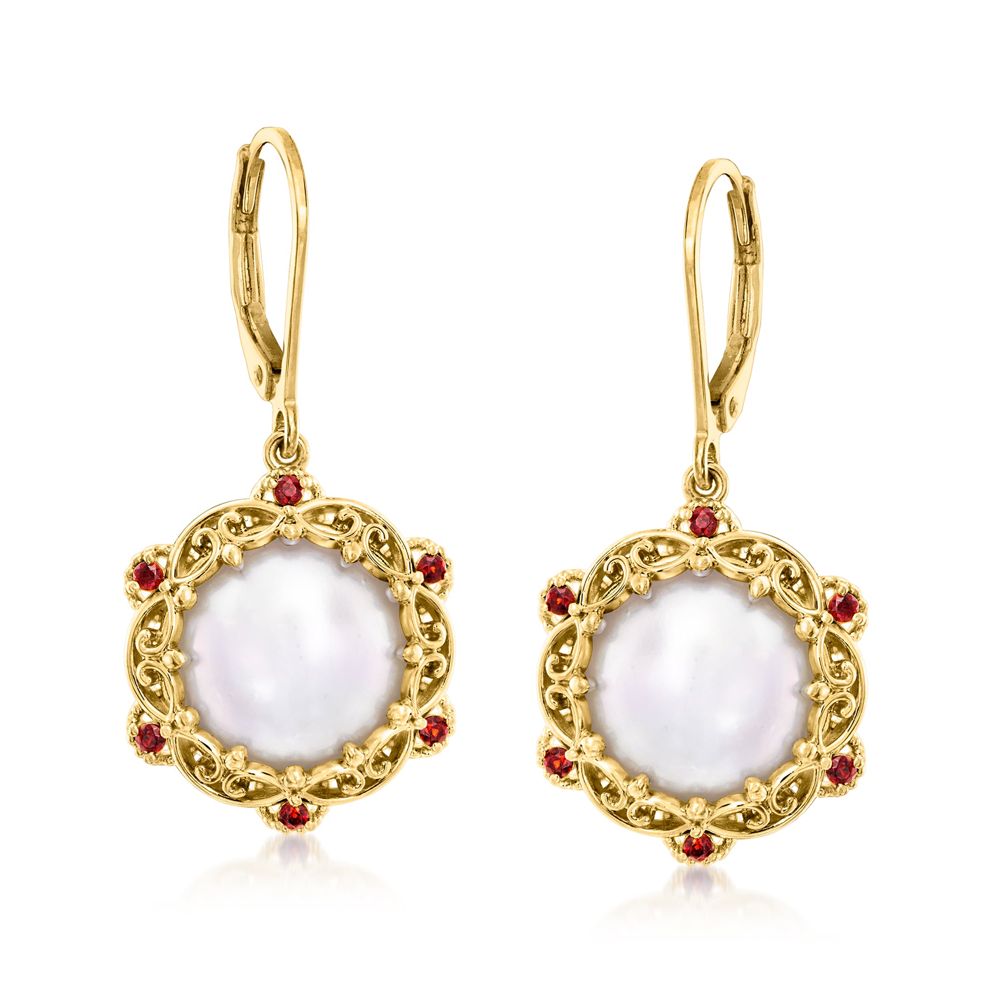 

Серьги-подвески Ross-Simons с культивированным жемчугом Mabe и гранатом 12-12,5 мм, из 18-каратного золота поверх стерлингового серебра Ross-Simons, 1.38 In