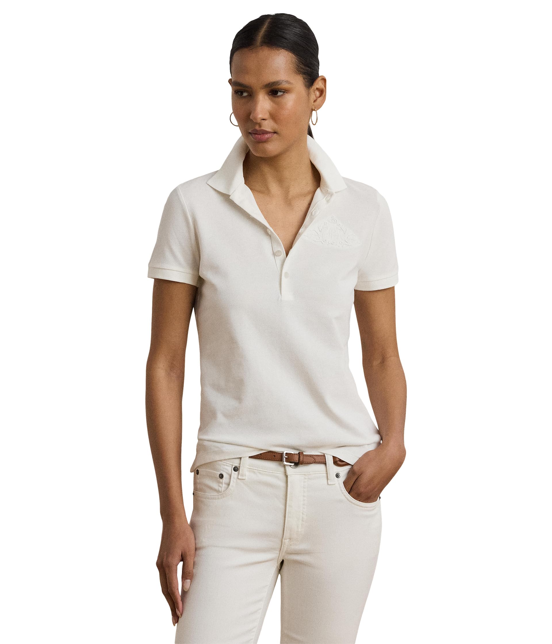 

Рубашка Lauren Ralph Lauren Floral-Logo Cotton Piqué Polo Shirt, белый