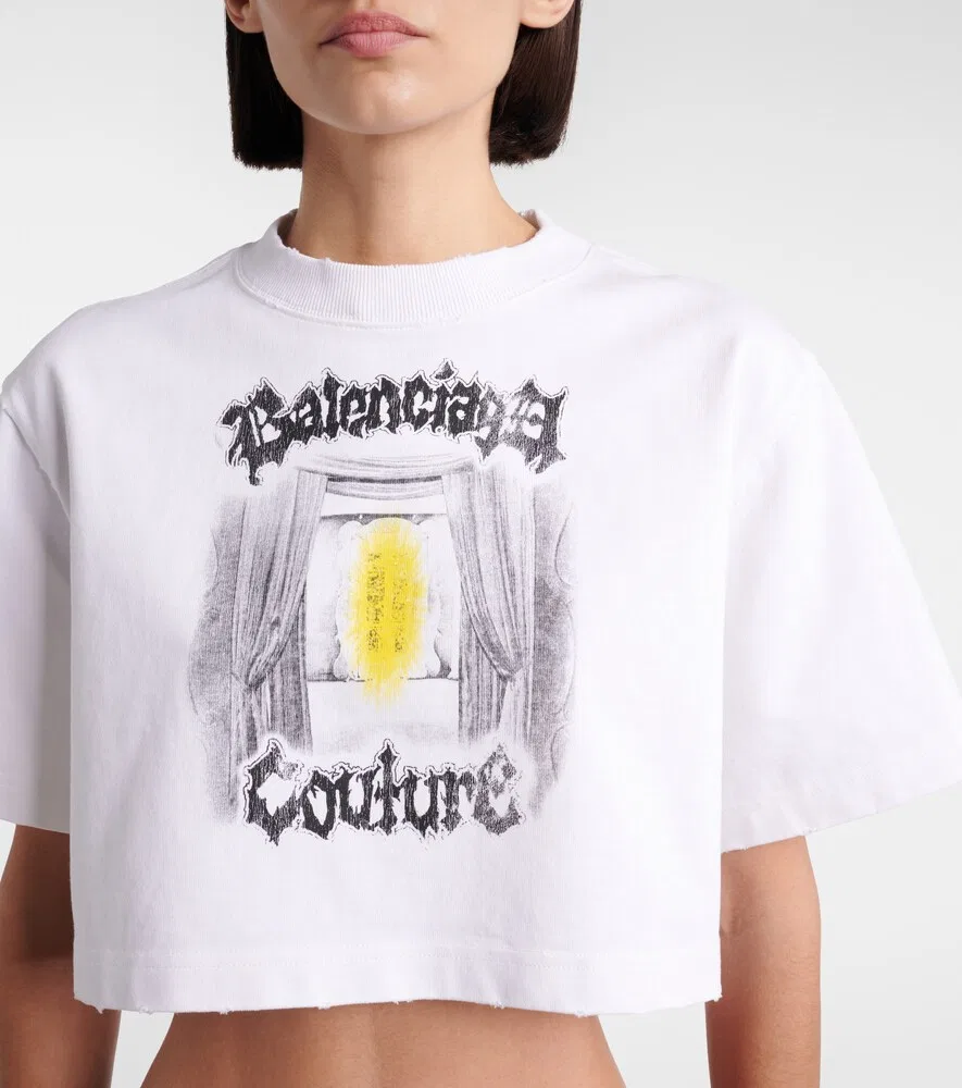 Укороченная футболка из хлопкового трикотажа с принтом Balenciaga, белый — фото 3
