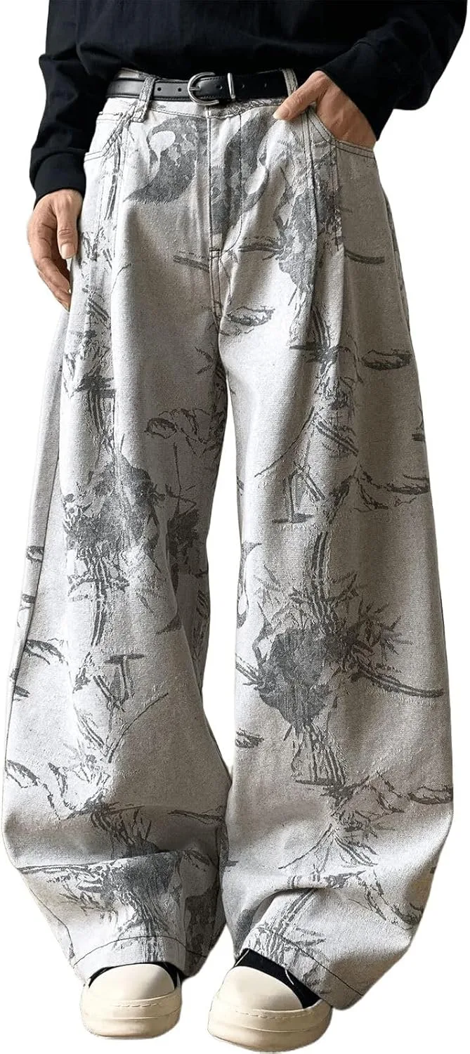 

Женские широкие брюки-клеш с принтом китайского журавля FEUSEUZ