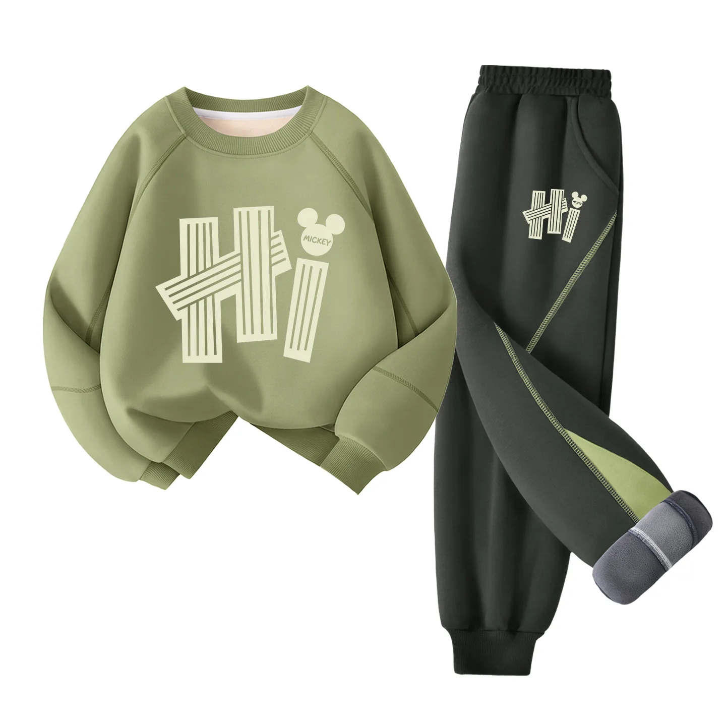Детская повседневная спортивная футболка с круглым вырезом Disney, [Thickened and Fleece-Lined]Mugwort Green+Dihehao Celadon