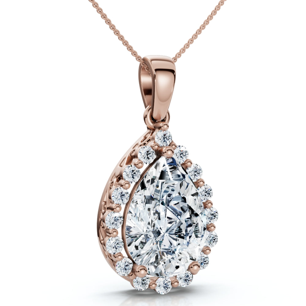 

Подвеска-ореол с сертифицированным грушевидным бриллиантом 3,40 карата, выращенным в лаборатории из 14-каратного золота, 1 дюйм Pompeii2, 14K Rose Gold