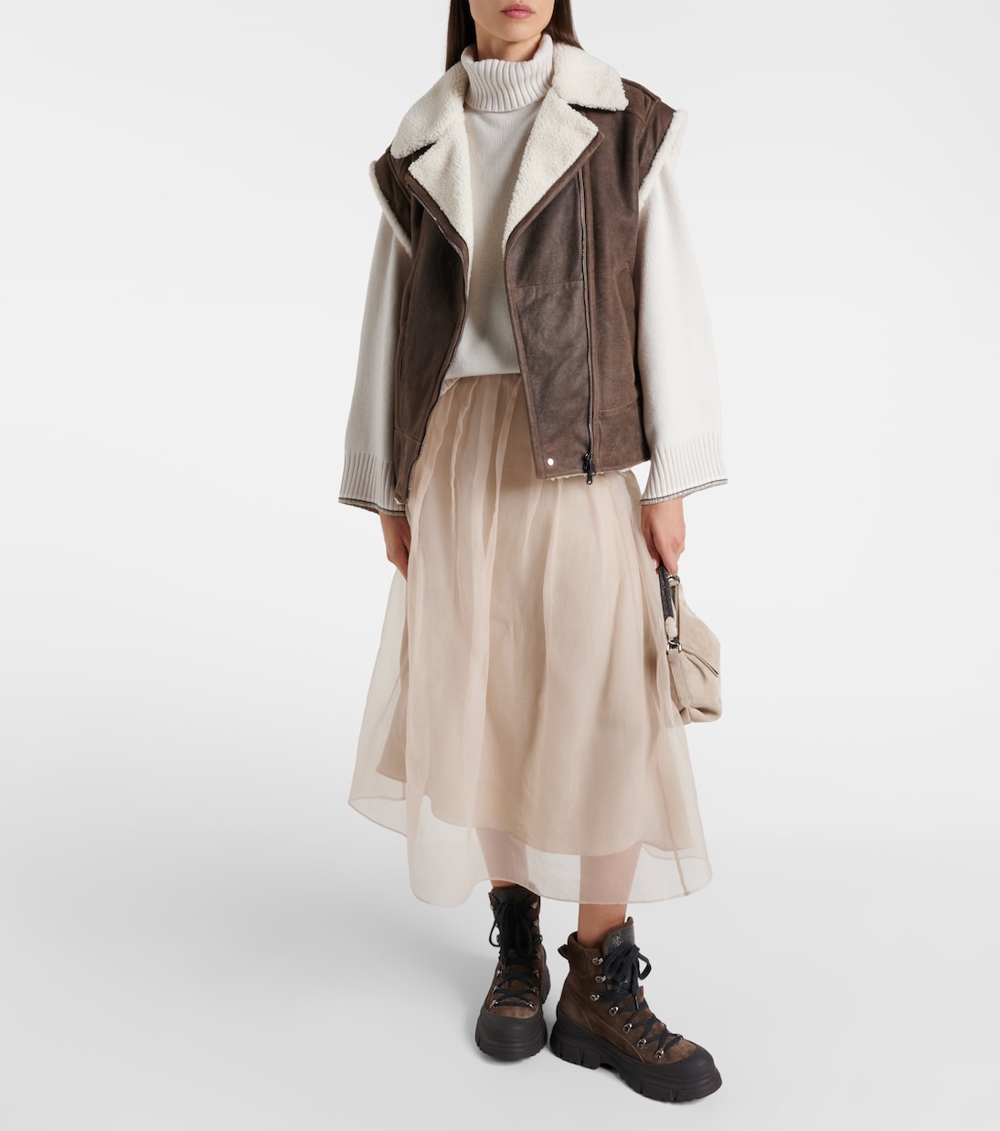 Кожаный жилет на подкладке из овчины Brunello Cucinelli, Tortora + Pelo Naturale — фото 2
