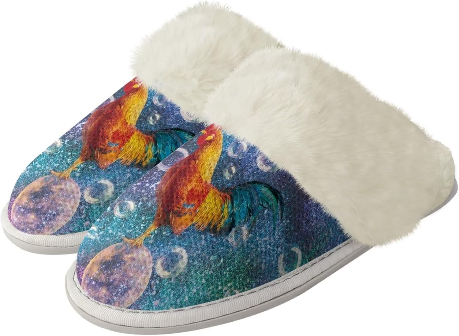 

Забавные тапочки Forchrinse с кошкой для женщин и мужчин, с эффектом памяти, для дома, с рождественскими огнями, теплые, мягкие, для спальни, с нескользящей подошвой для использования внутри и на улице, Rooster Shining Bubble