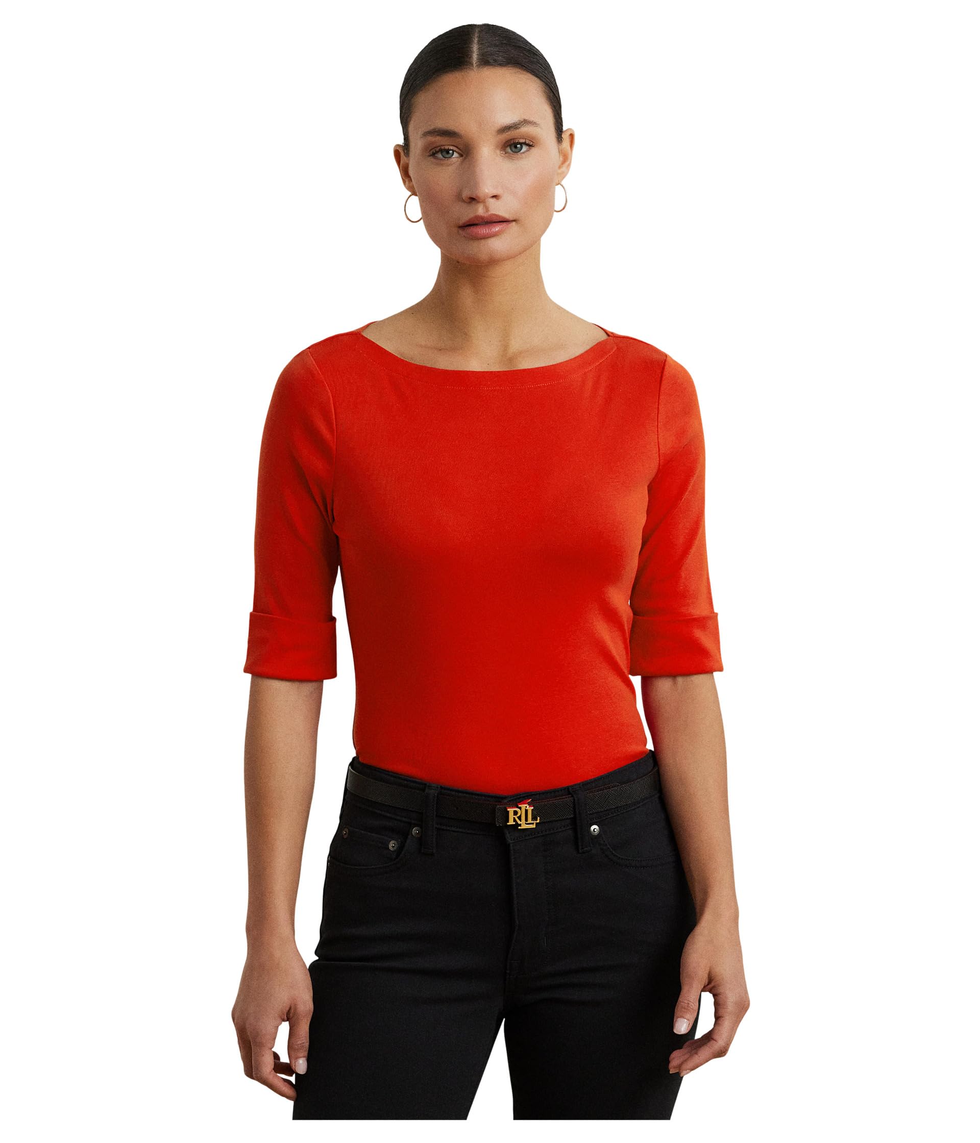 

Футболка Lauren Ralph Lauren Petite Stretch Cotton Boatneck Tee, Bright Vermilion