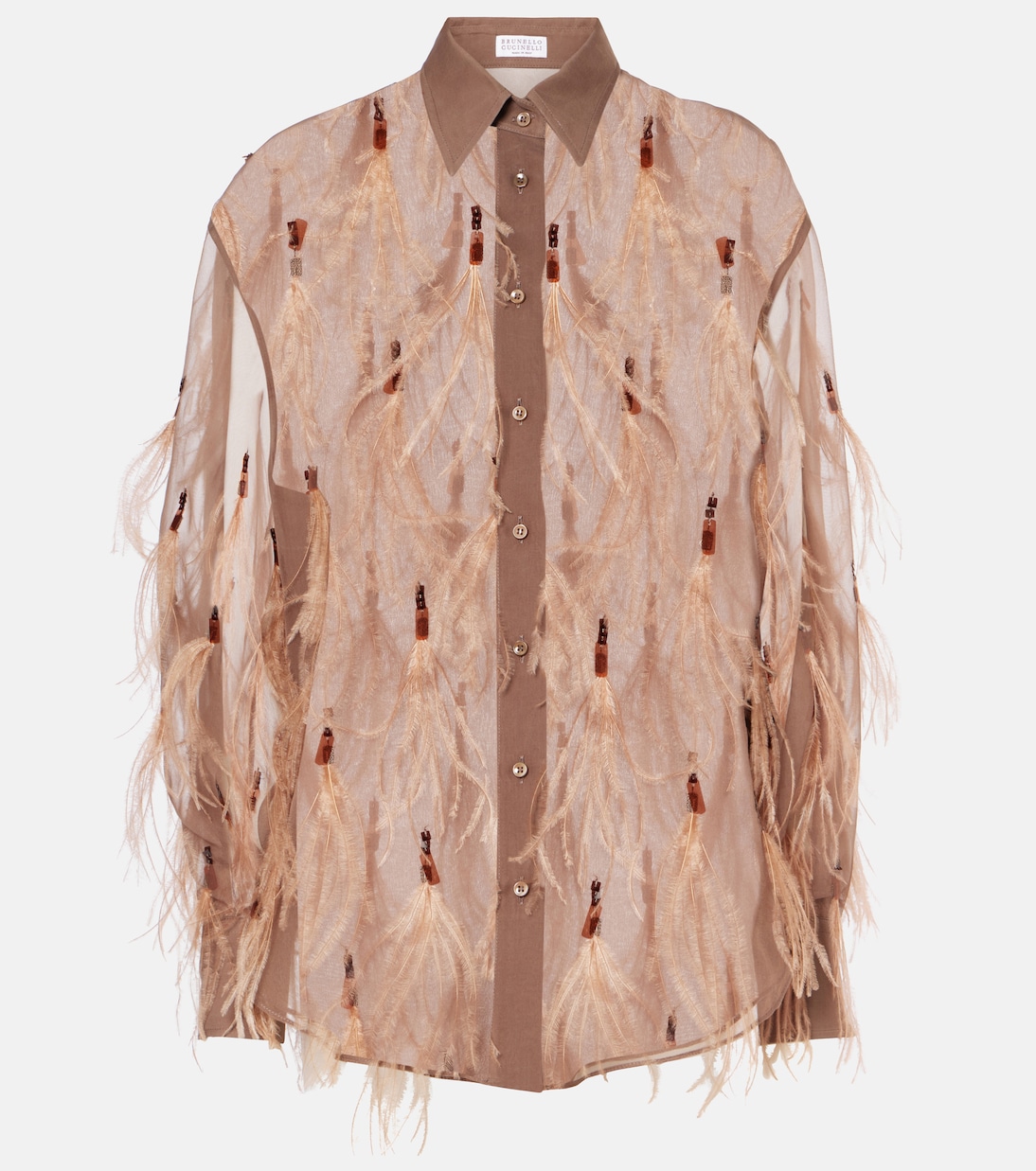 

Рубашка из шелковой органзы с отделкой перьями Brunello Cucinelli, Sheer Brown
