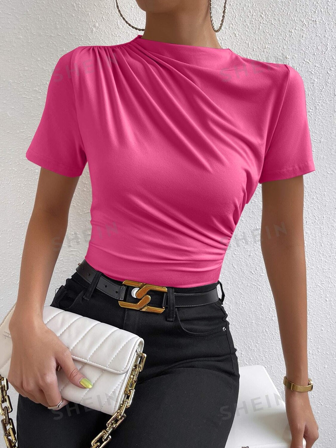 

Футболка приталенная Shein Frenchy со складками, ярко-розовый