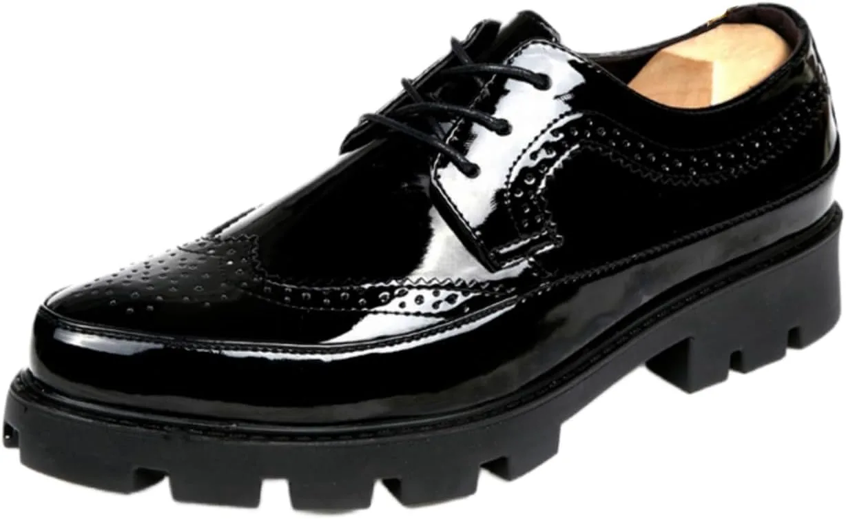 Men's Brogue Wingtip Oxford Shoes - Premium Patent Genuine Leather Chunky Heels with Lug Sole for Business Formal Church Wedding Zentavi, черный