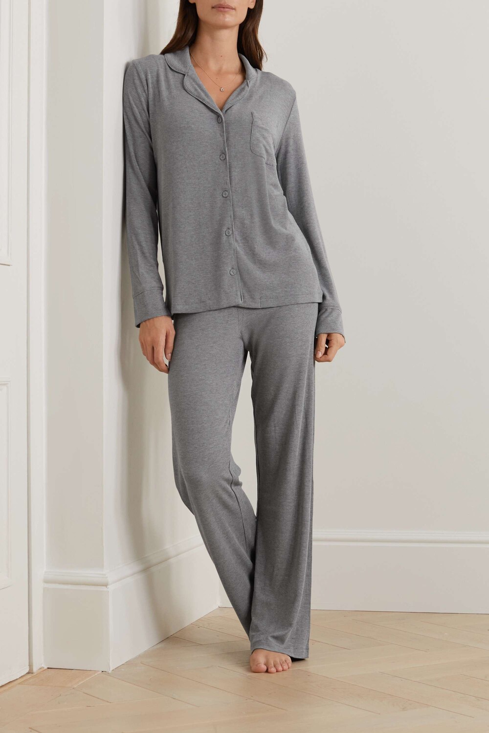 SKIMS Комплект для отдыха из эластичного модального джерси в рубчик - Heather Grey, серый — фото 3