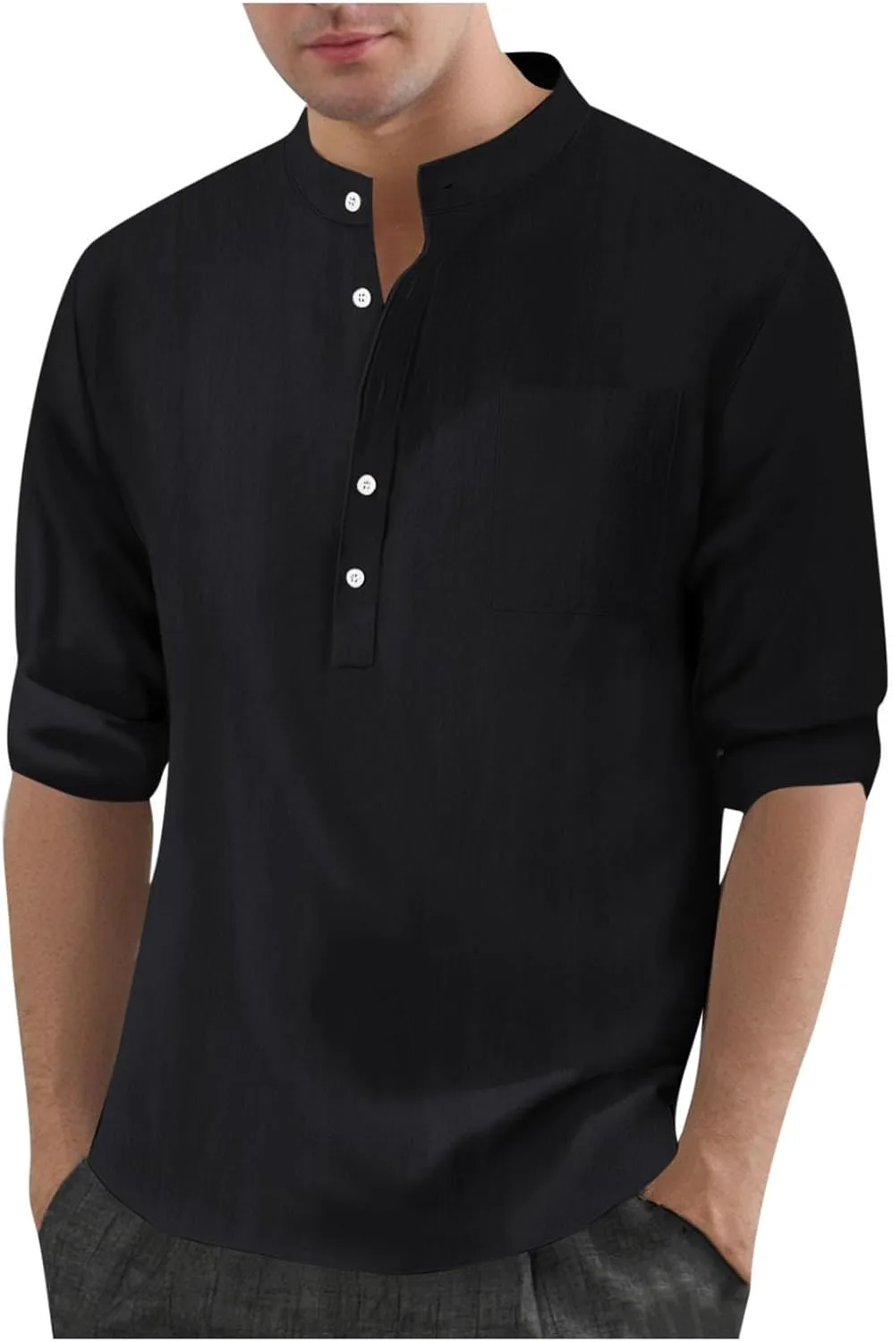 

Повседневная хлопковая льняная рубашка-поло для мужчин с длинным рукавом и карманами