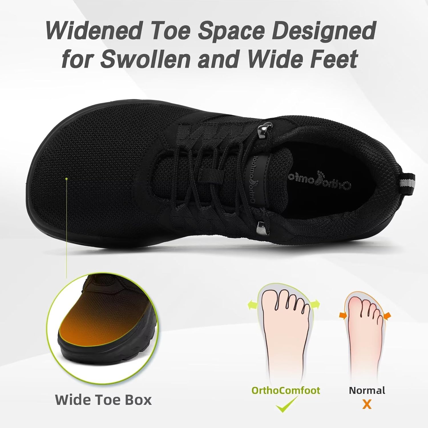 Мужские ортопедические прогулочные кроссовки OrthoComfoot с широкой колодкой, черный — фото 2