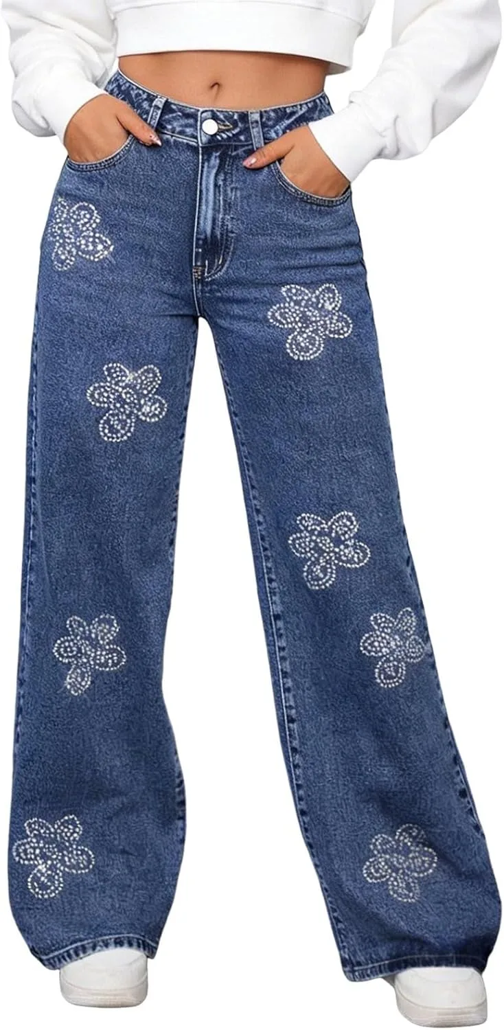 

Женские джинсы Bling Rhinestone прямые широкие мешковатые с высокой посадкой блестящие