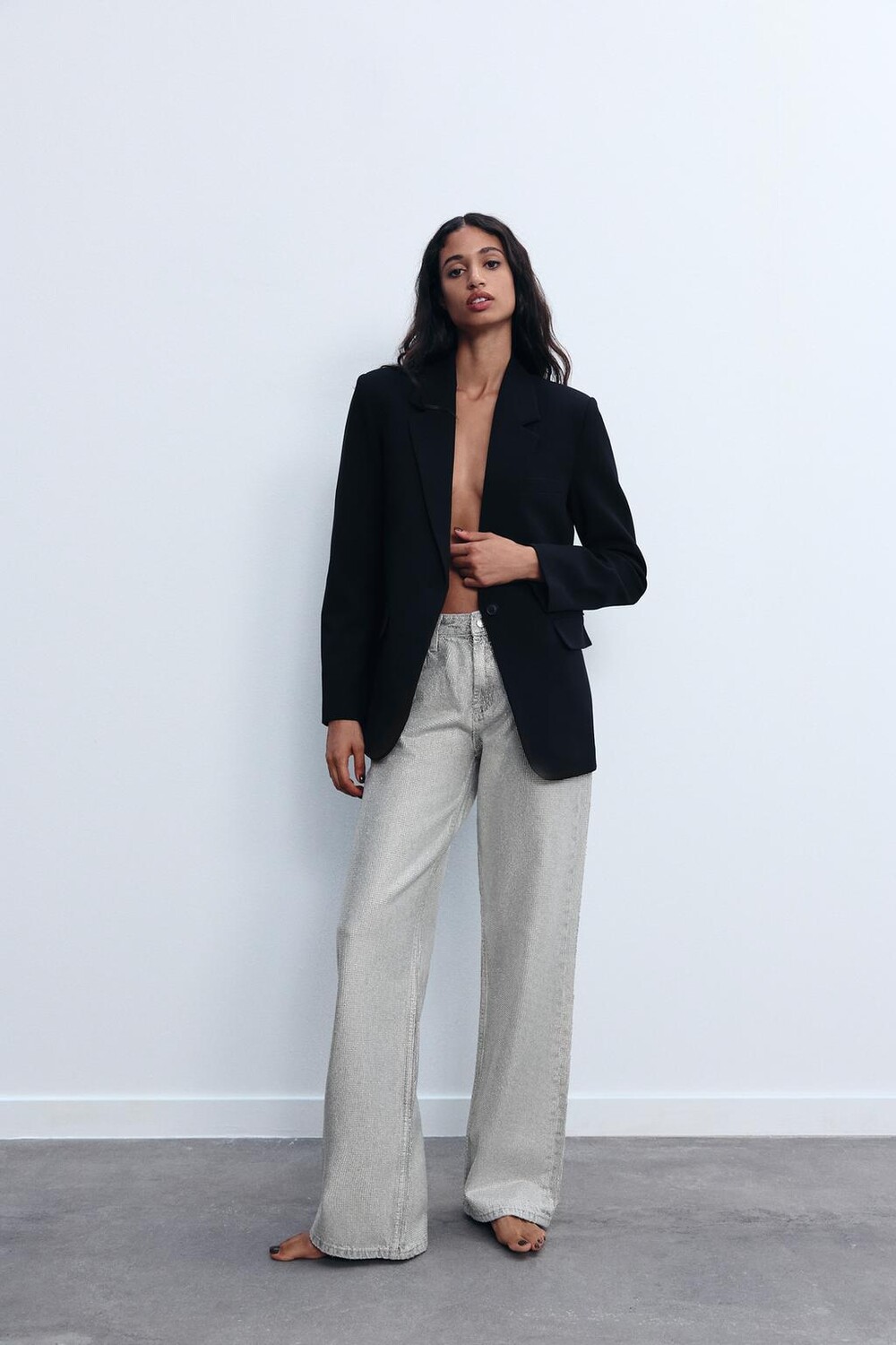 

Джинсы trf wide leg brillos средняя талия ZARA, серебряный