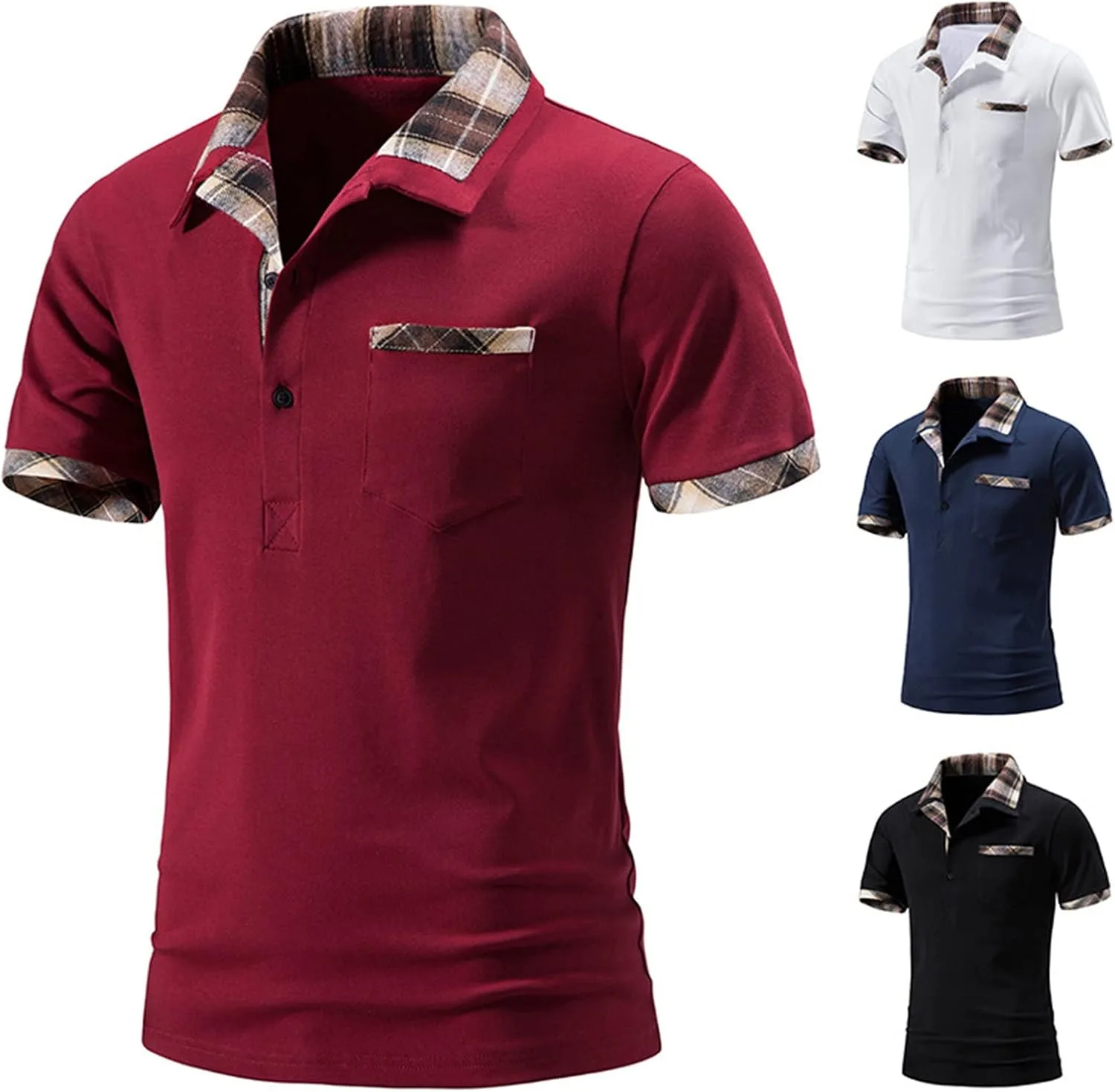 Мужская рубашка с коротким рукавом Color Block Golf Top Classic Button Plaid Basic Casual Wrinkle Free — фото 4
