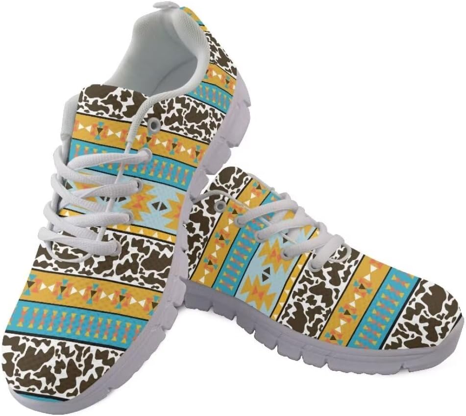 

Кроссовки Jeiento для женщин и мужчин, этнический стиль, сетчатые беговые кроссовки, спортивные кроссовки для тренировок, шнуровка, теннисные кроссовки, противоскользящие спортивные кроссовки для зала, Aztec Tribal Cow Spots