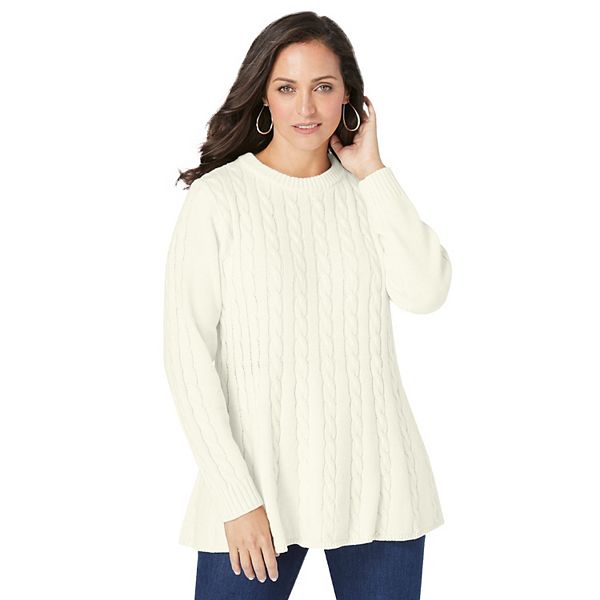 

Женский плюс сайз свитер с кабельным узором и пеплумом Jessica London, Ivory