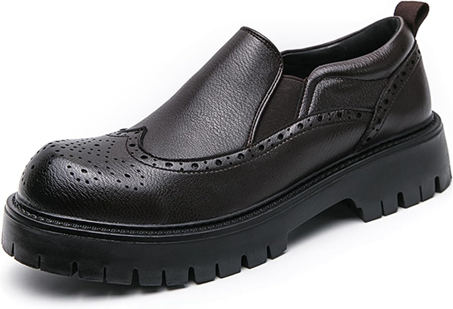 

Мужские кожаные лоферы-броги на платформе с крыльями, классический круглый носок, противоскользящая подошва, слипоны на массивном каблуке, деловые и повседневные лоферы с перепонкой Qijozxn, коричневый